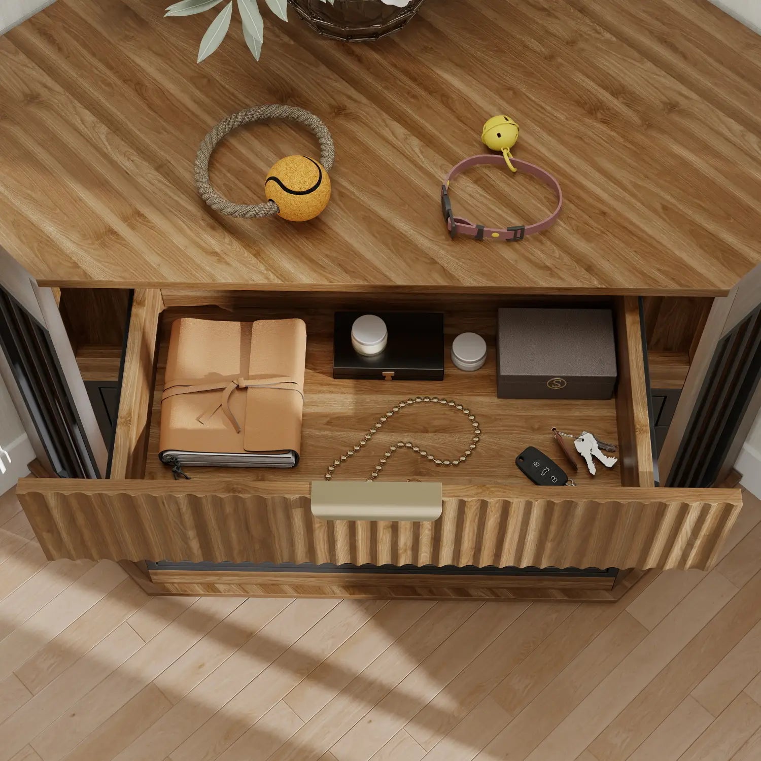 beige leather-bound notebook with a tied ribbon closure placed on corner dog crate furniture with fluted storage drawer