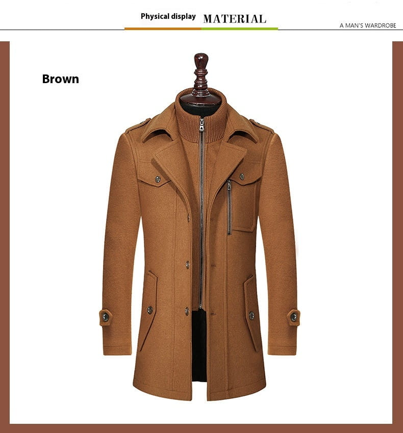 Brown woolen trench coat for men with a high collar front zipper closure and flap pockets.