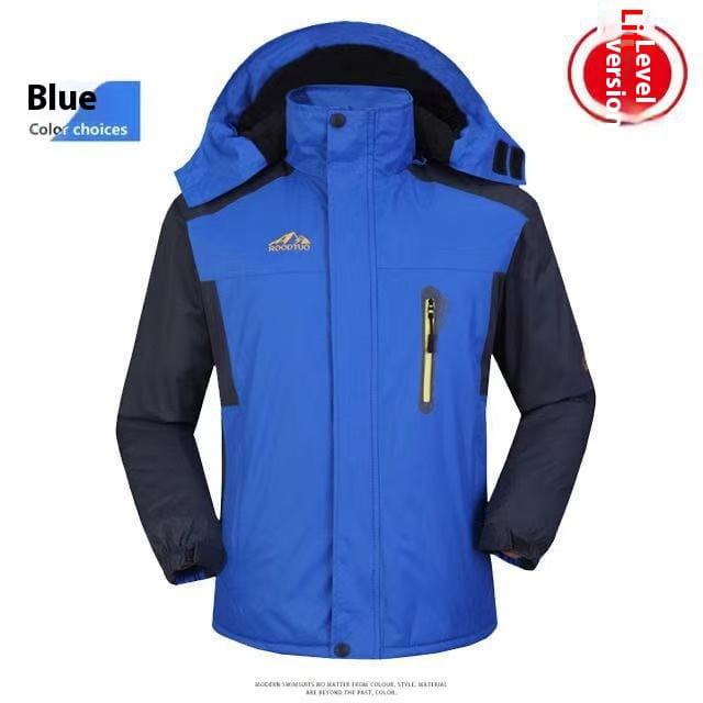 Men’s mid length fleece lined insulated winter jacket in blue and black two tone waterproof fabric with a detachable hood, front zipper closure, and side pockets.
