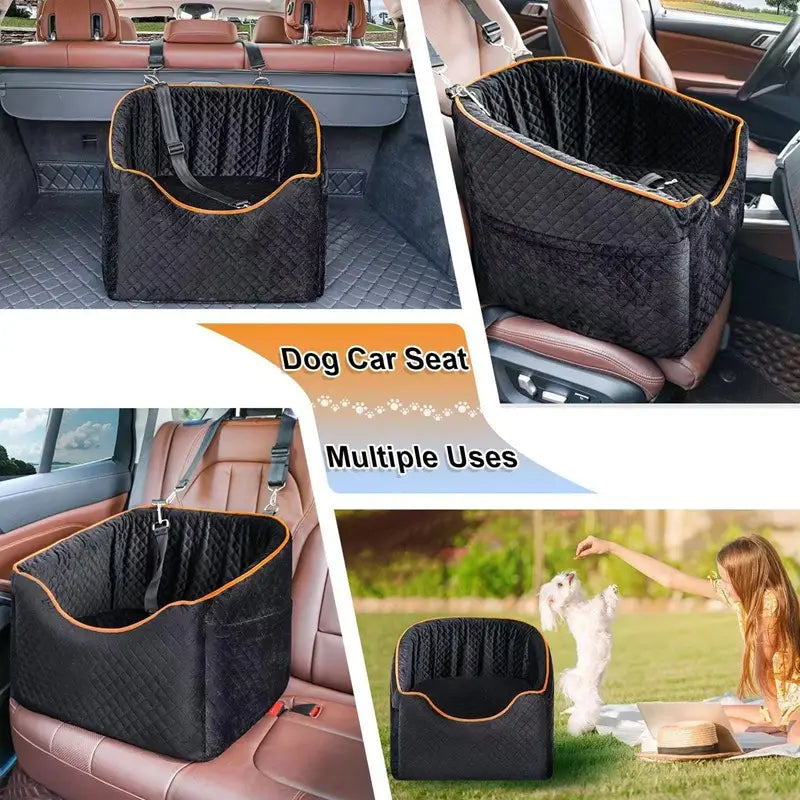 Black quilted elevated pet car seat with memory sponge dog sofa featuring orange trim and adjustable straps for secure car travel.