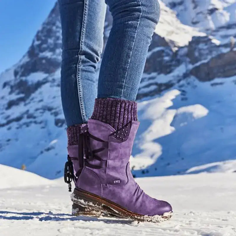 Purple suede women winter snow boot with knitted cuff and decorative studs mid calf martin shoe.
