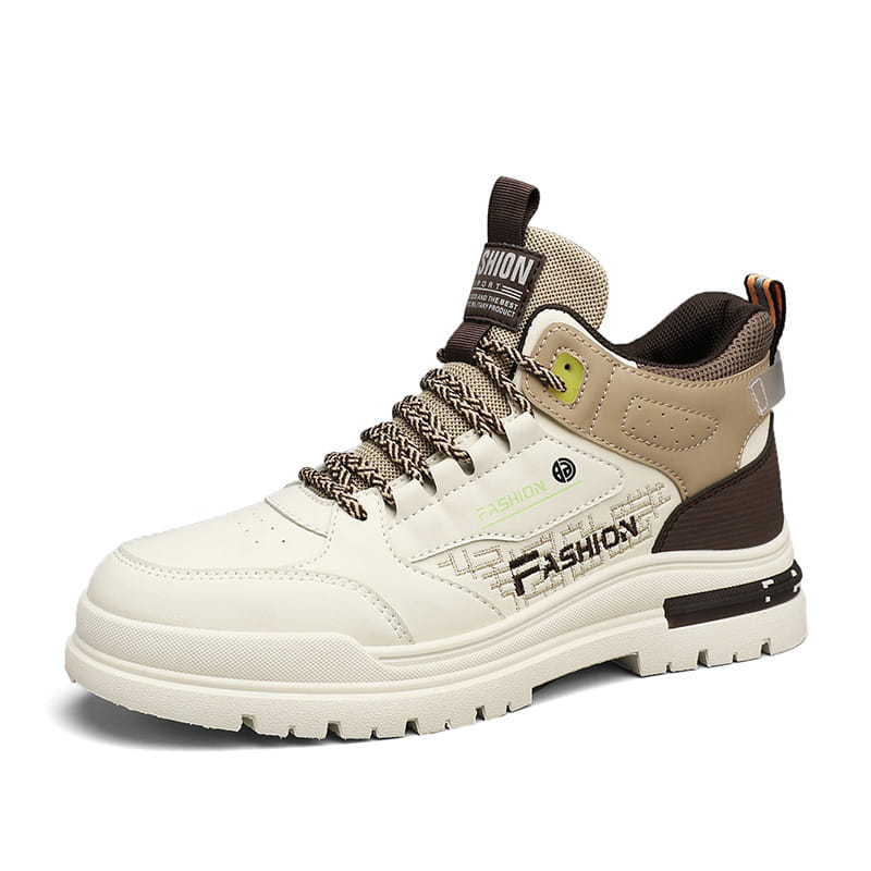 Men’s high-top chunky elevator sneaker xb13 in white and beige with brown accents textured laces and a chunky rubber sole.