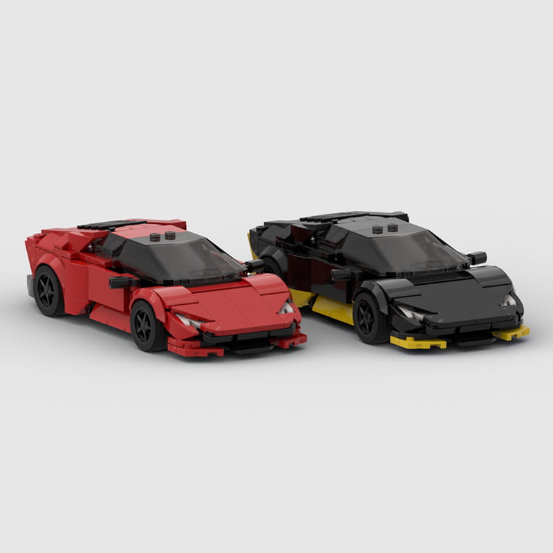 Red and black Lego Lamborghini racing model building block sports cars with yellow accents displayed from the front.