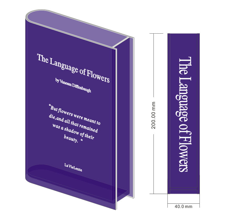jarrón de flores de libro de acrílico que presenta el libro de tapa dura color morado El idioma de las flores de Vanessa Diffenbaugh, publicado por La Vie Lente, diseñado como una pieza de decoración moderna para el hogar.