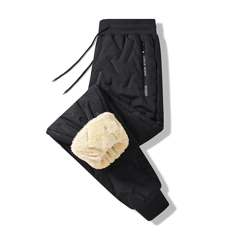 Thermal fleece lined winter joggers in black feature a drawstring waist and side zipper pocket with inew sport branding.