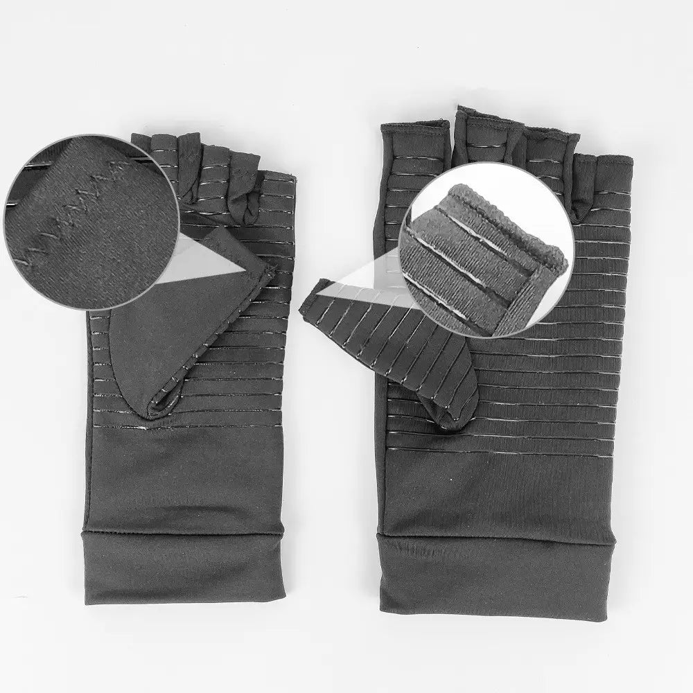 Black fingerless compression riding gloves with wrist support featuring ribbed texture and reinforced stitching on the back side.