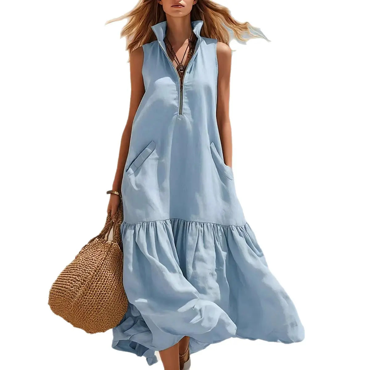 Robe longue bleu clair sans manches avec encolure zippée et détail d’ourlet à étages.
