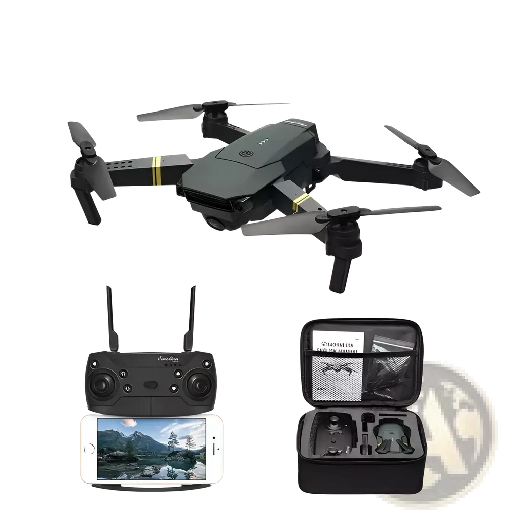 Black foldable drone with yellow accents and 4k dual camera shown with remote control and carrying case for kids and teens