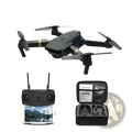 Black foldable drone with yellow accents and 4k dual camera shown with remote control and carrying case for kids and teens
