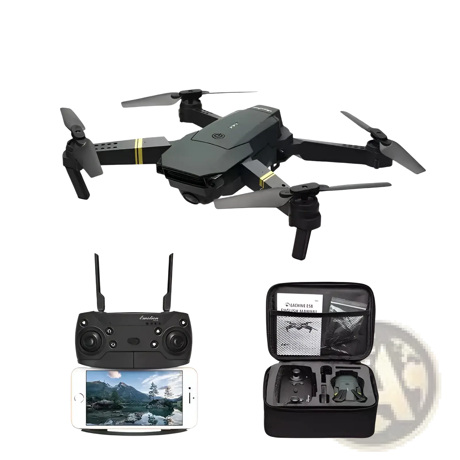 Black foldable drone with yellow accents and 4k dual camera shown with remote control and carrying case for kids and teens
