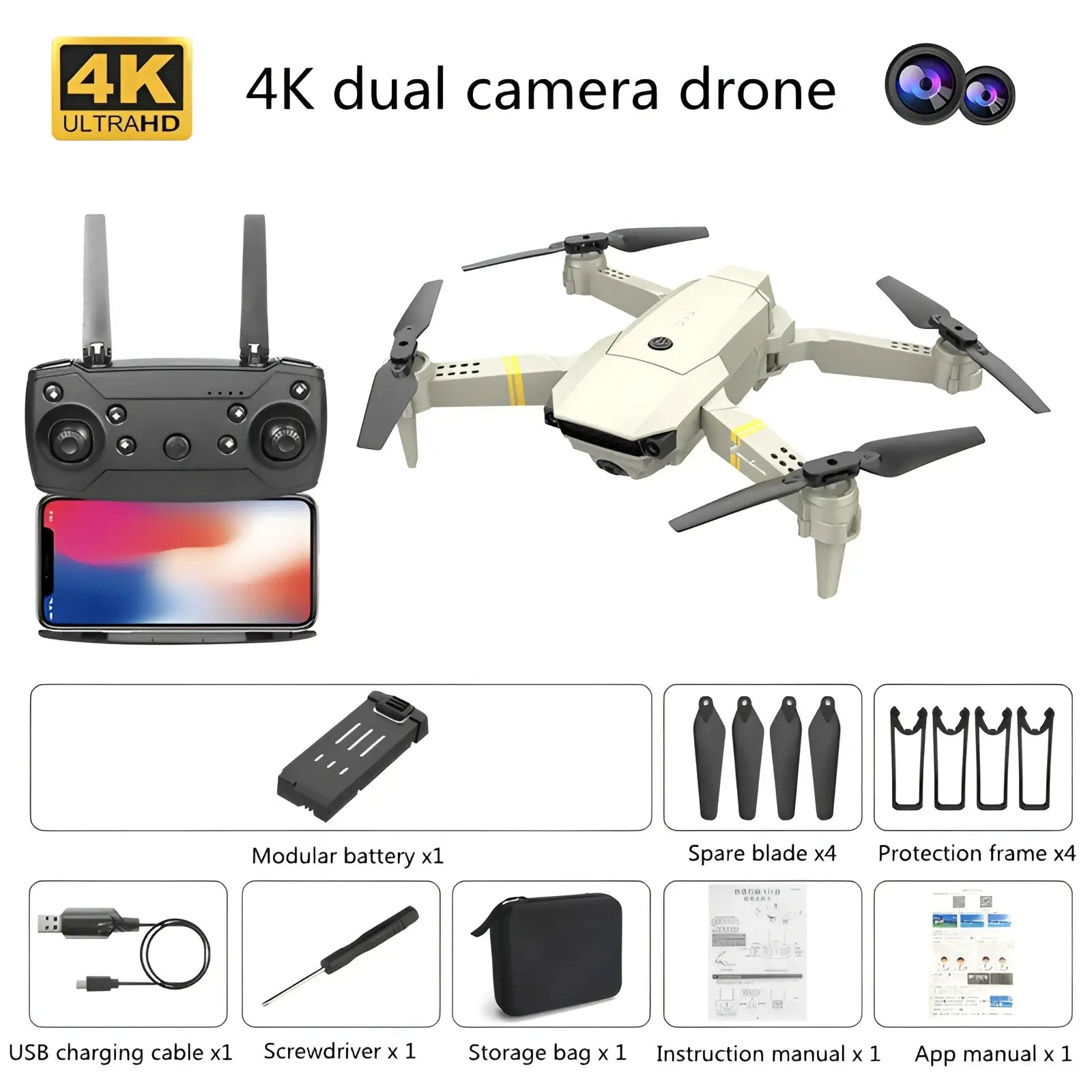 Cream-colored foldable e58 drone with black propellers and yellow accents featuring 4k dual camera for kids and teens