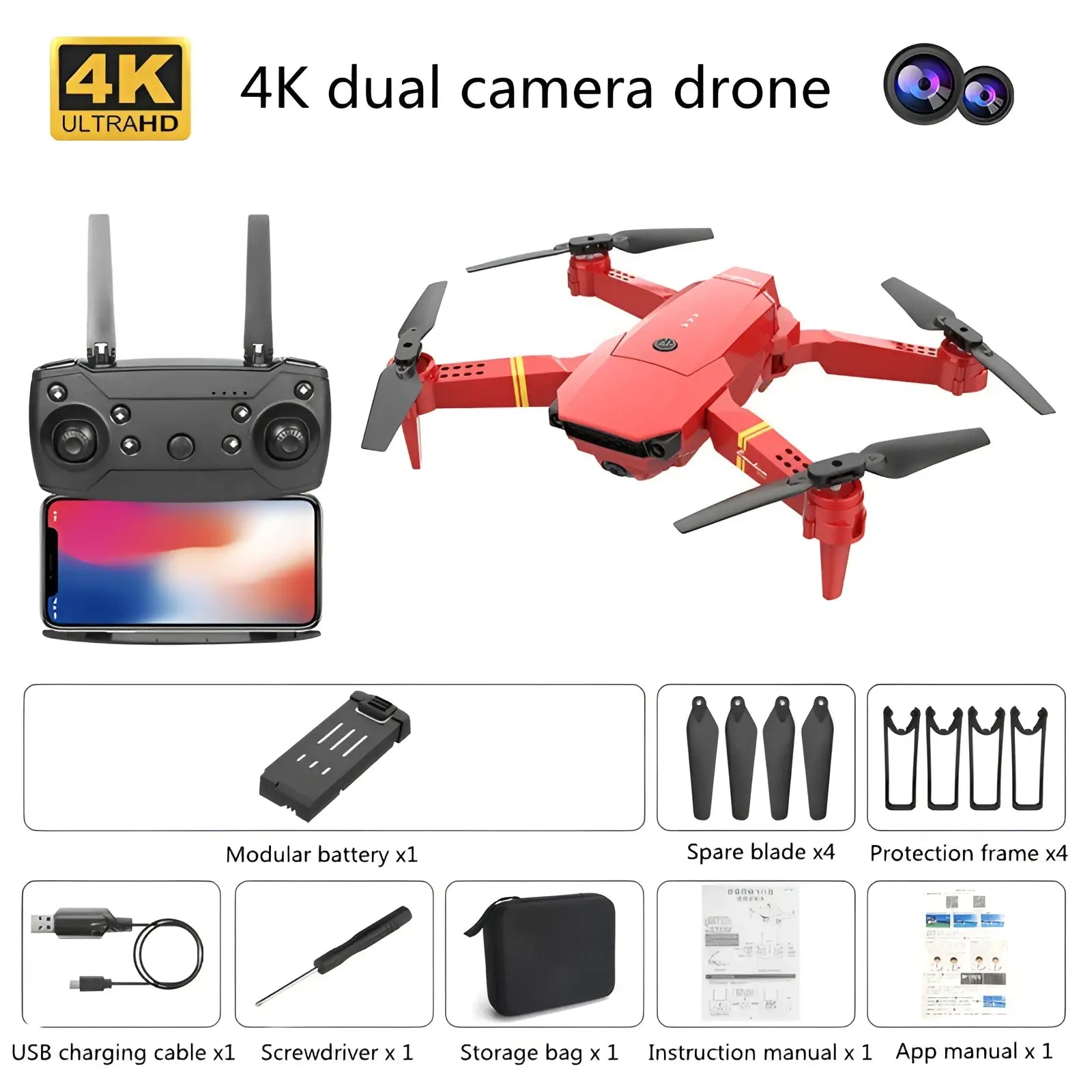 Red 4k dual camera foldable drone with black propellers and yellow accent stripes for kids and teens e58 model