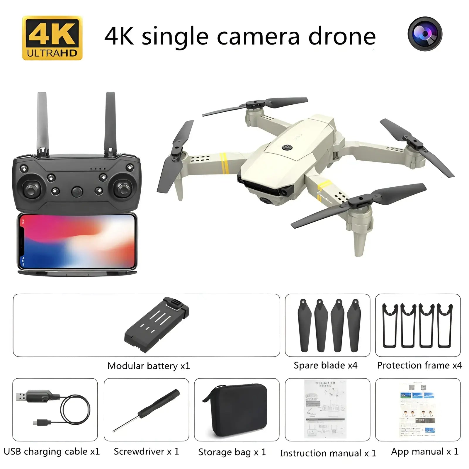 E58 4k dual camera foldable drone for kids and teens in white and black with foldable arms included in kit