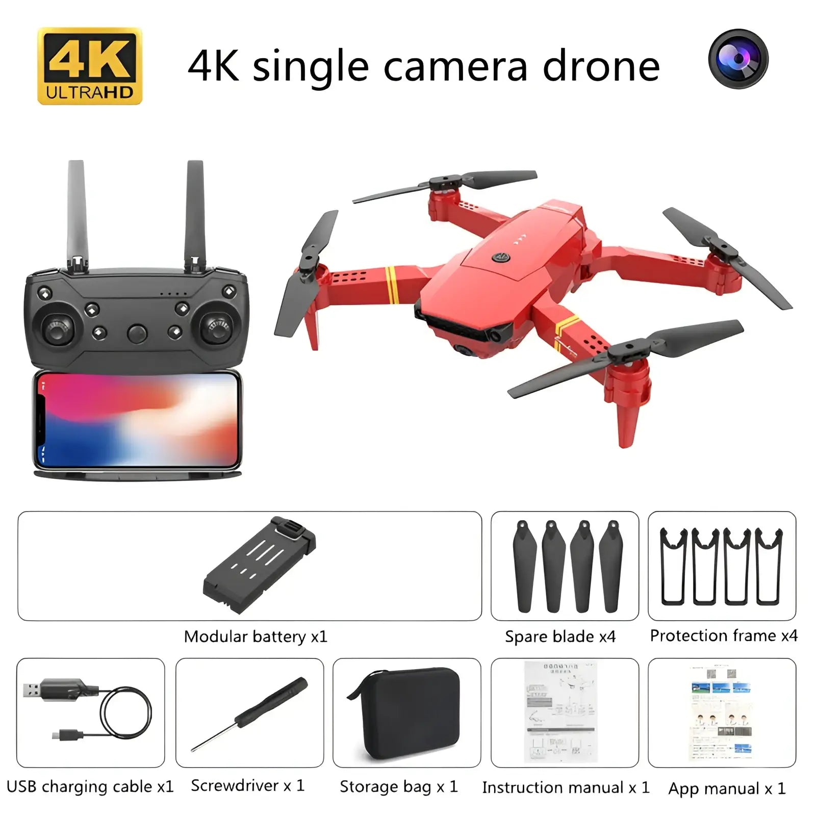 E58 4k dual camera foldable drone for kids and teens red single camera drone with black propellers and yellow accents