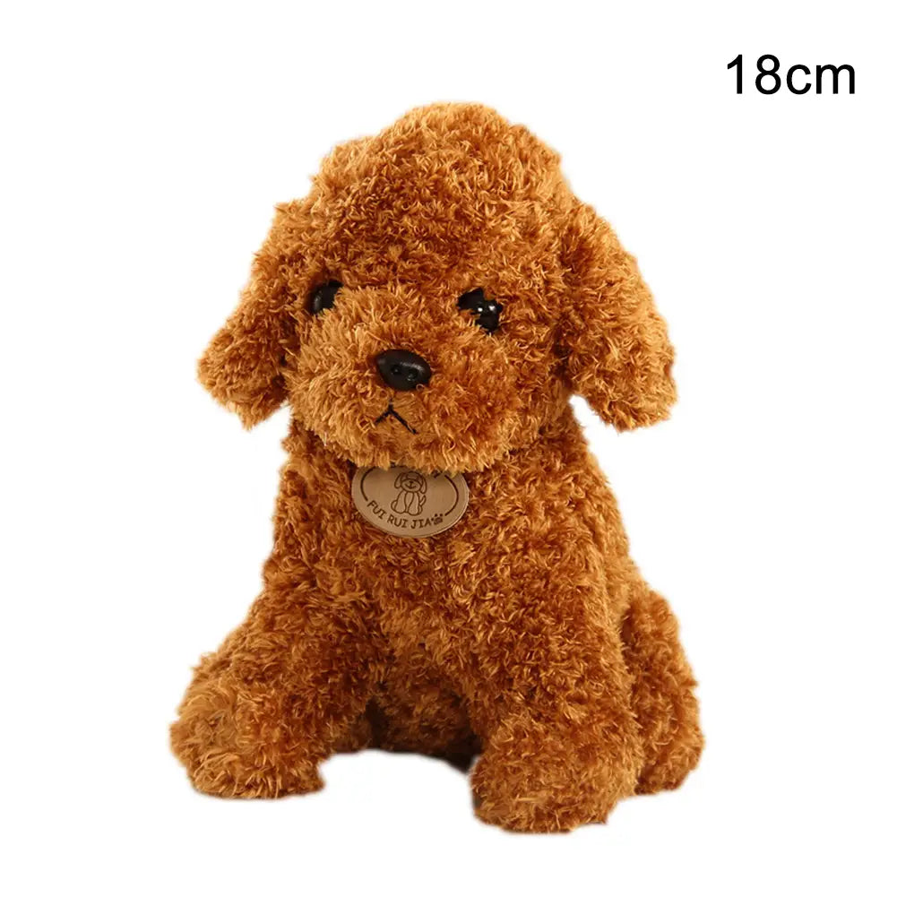 Un peluche de perro oso de peluche que presenta un muñeco de perro con caniche esponjoso marrón con pelaje rizado y ojos de botón negros, de 18 cm de altura.