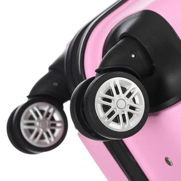 Pink hard shell large capacity suitcase with black wheels and silver multi spoke hubcaps from the 3 in 1 suitcase set.