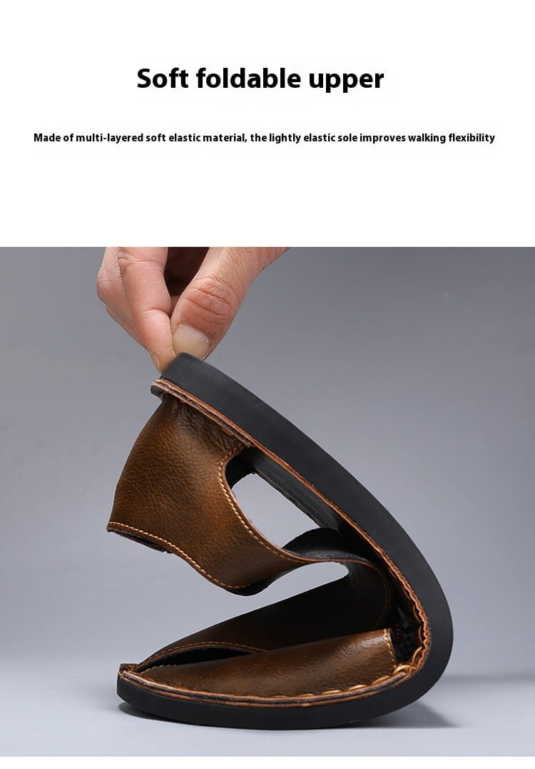 Herren-Braune Echtleder-Slip-on-Strandsandalen mit einem weichen, faltbaren Obermaterial und schwarzer Gummisohle
