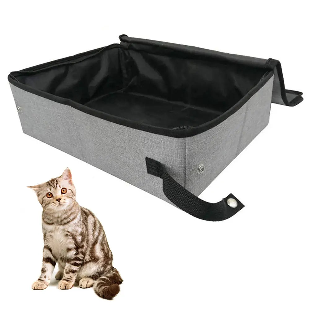 Foldable waterproof gray fabric cat litter box with black interior and carrying strap.
