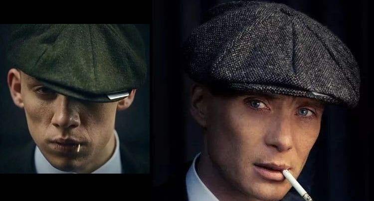 Dark gray herringbone woolen octagonal flat cap with a structured six-panel design and visible stitching details.