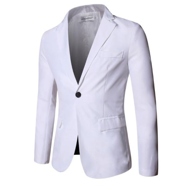 Herren Slim-Fit-Casual-Blazer in Weiß mit einem einzelnen schwarzen Knopf und strukturierten Revers, geeignet für formelle und legere Anlässe.