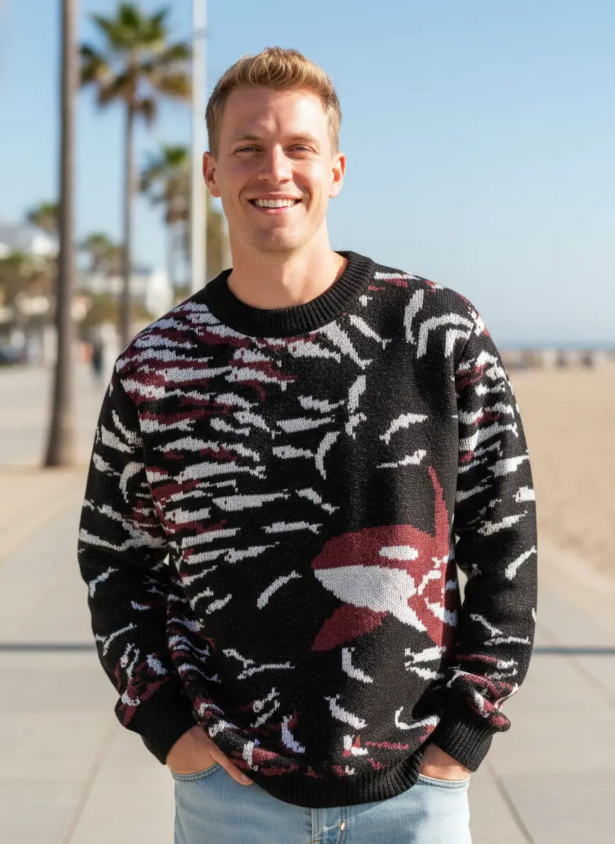 Schwarzer Strickpullover im Orca-Stil mit einem kräftigen weißen und bordeauxfarbenen Orcawal-Design, Rundhalsausschnitt und gerippten Bündchen für einen Casual-Korean-Style.