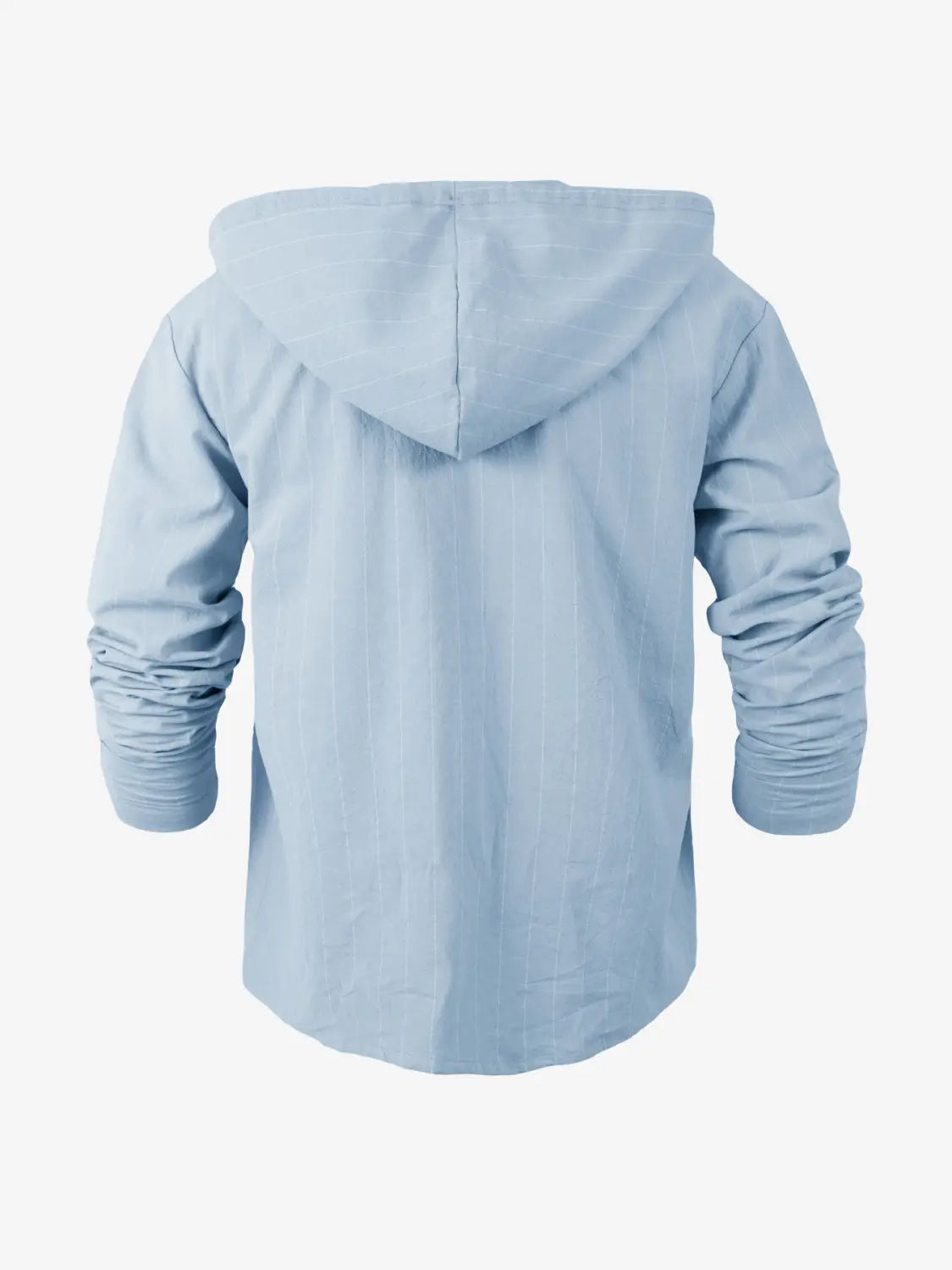 Hellblaues Slim-Fit-Nadelstreifen-Kapuzen-Leinenhemd für Herren mit dezenten vertikalen Streifen und umgeschlagenen Bündchen.