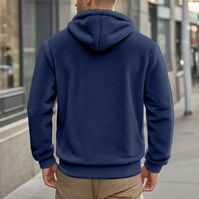 men’s fleece lined loose zip up hooded jacket in navy blue with fleece lining and a soft fleece material ideal for cold weather.