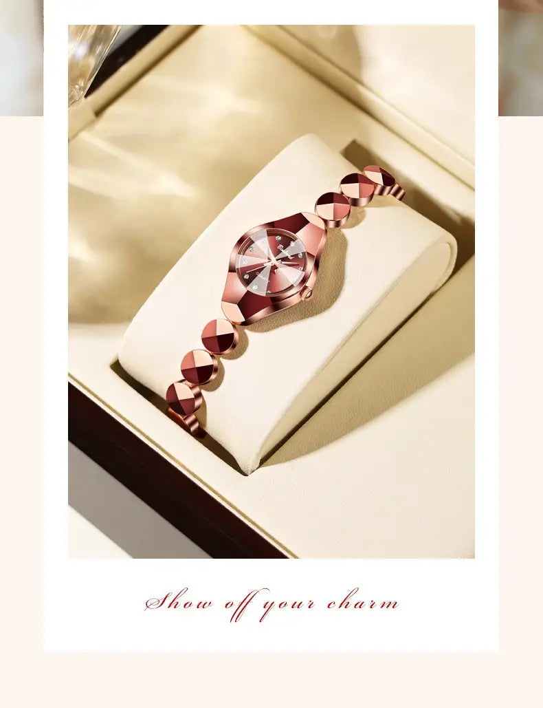 Luxe geometric faceted bracelet watch features a rose gold geometric cut strap and case with diamond accents for a fashionable and refined design.