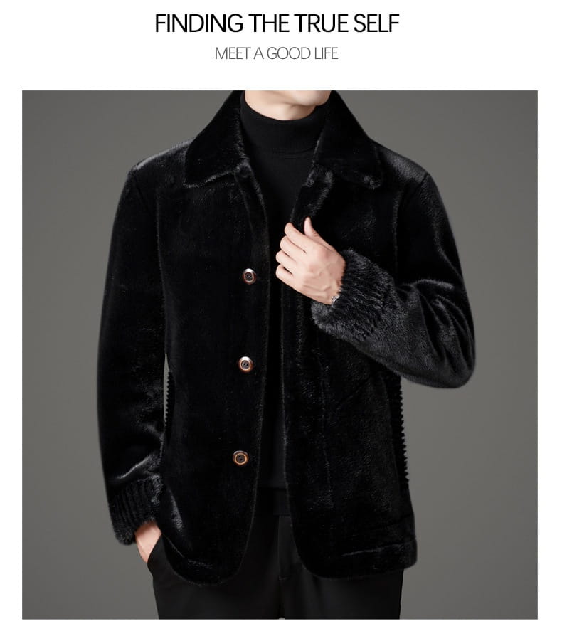 Black faux fur winter coat for men featuring a plush velvety texture and matching cuffs.