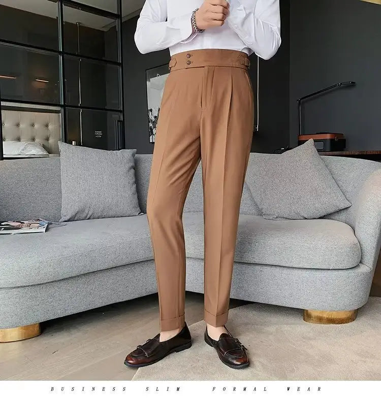 Tan slim-fit formal trousers with a high waist and two-button closure in Korean style slim fit men trousers.