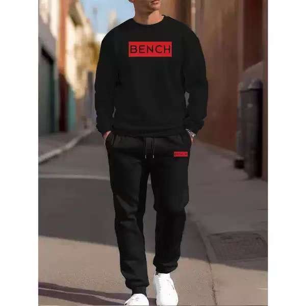 Men 3d digital print casual set featuring a black polyester bench sweatshirt with red rectangular logo on the chest and matching black joggers designed for sporty use.