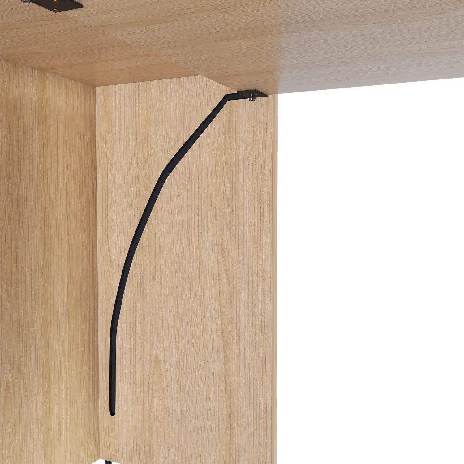 Support en métal courbé de couleur noire visible depuis l’arrière d’un bureau extensible avec étagères de rangement et roues