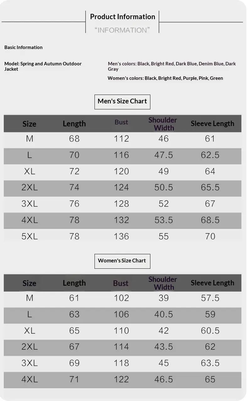 men’s waterproof sports jackets for spring and autumn available in multiple colors including black bright red dark blue denim blue and dark gray alongside women’s jackets in black bright red purple pink and green designed for outdoor sports activities
