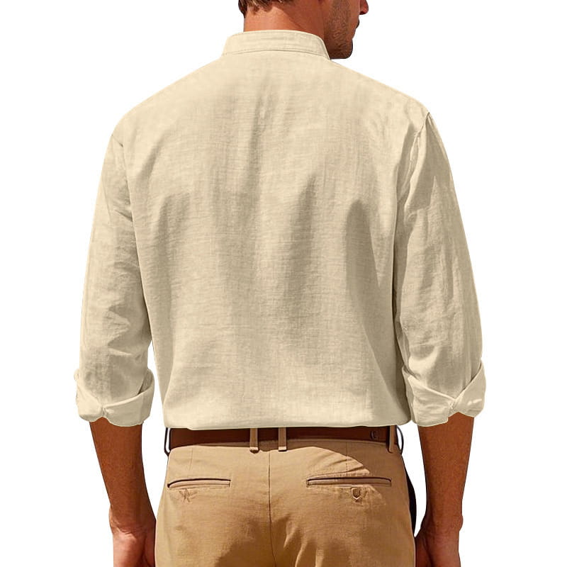 Beige linen men’s casual long sleeve shirt with a stand collar and rolled-up sleeves.