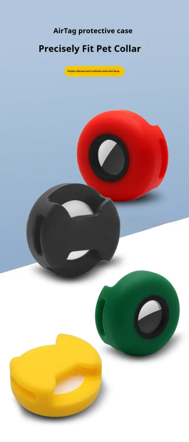The airtag silicone pet collar tracker protective case is a round silicone collar clip available in red black green and yellow.