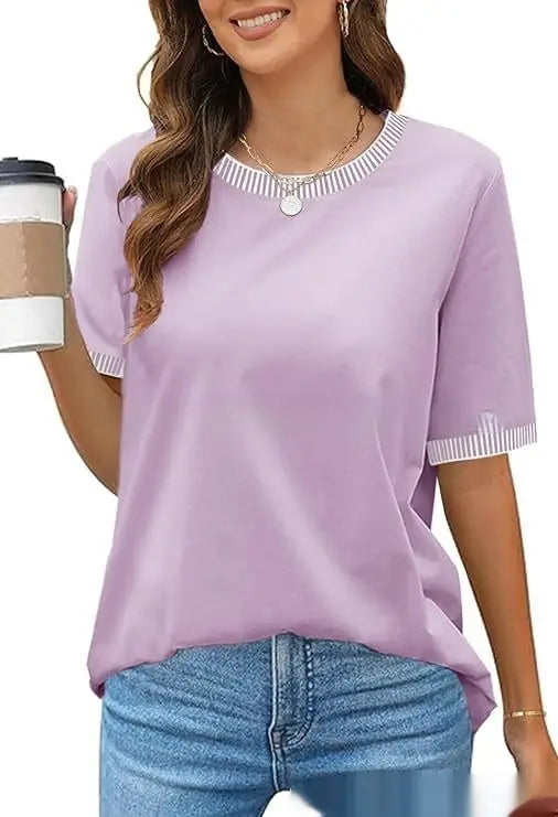 Lavender short sleeve knit top with white striped ruffle trim at neckline and sleeve cuffs for women.