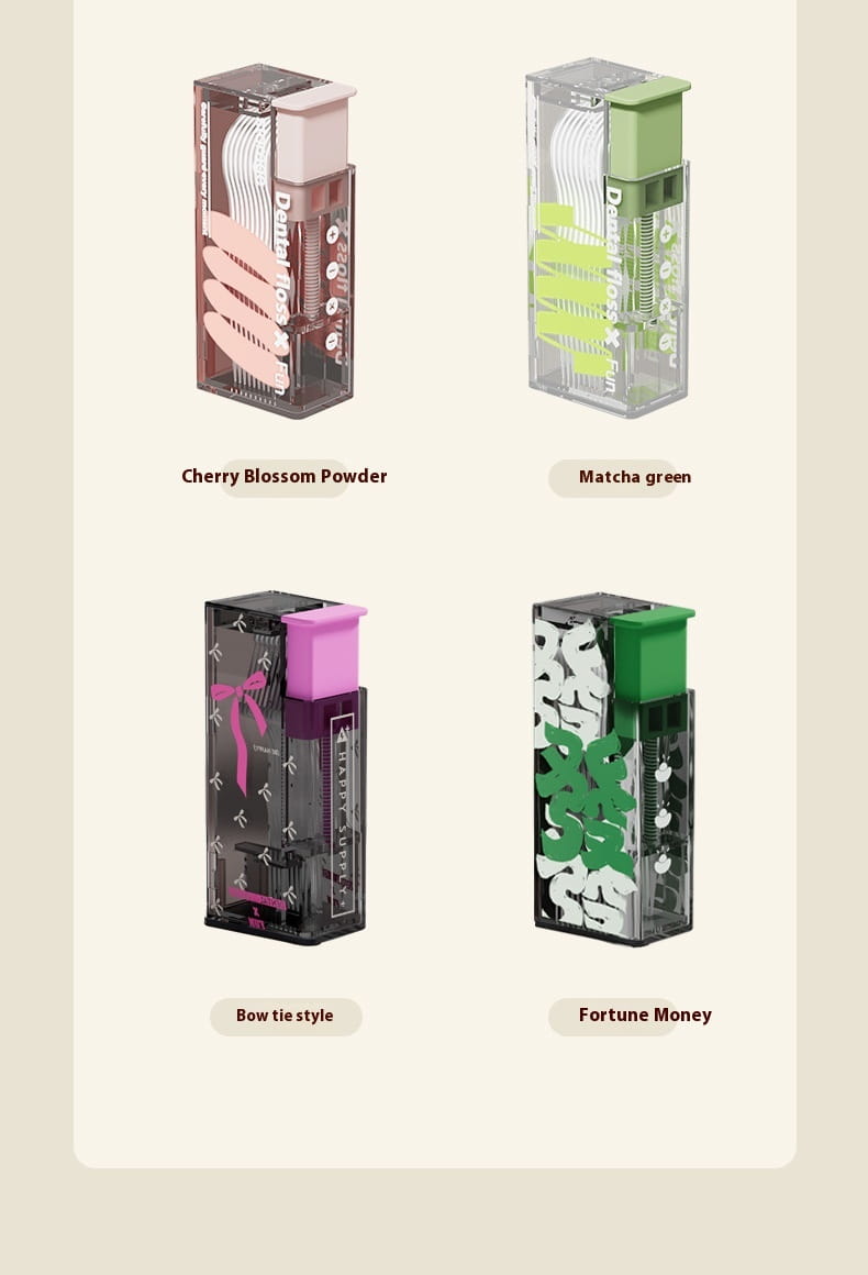 Cajas portátiles rectangulares para hilo dental transparentes con tapas temáticas de colores y diseños internos que incluyen un dispensador automático de apertura emergente para un uso conveniente del hilo.