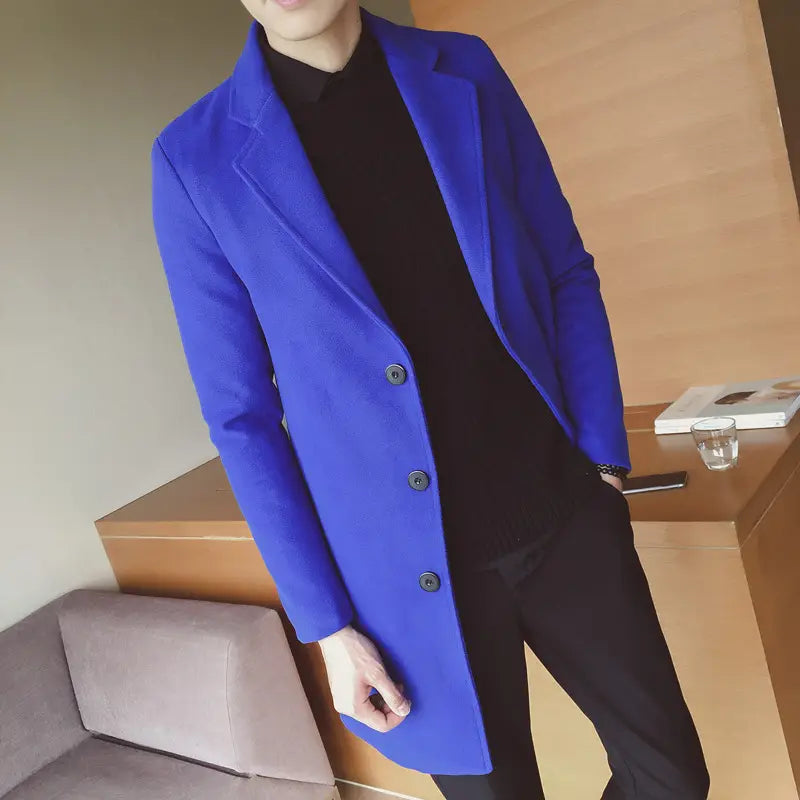 Vibrant royal blue mens slim double-breasted wool overcoat in Korean style ideal for formal outerwear.
