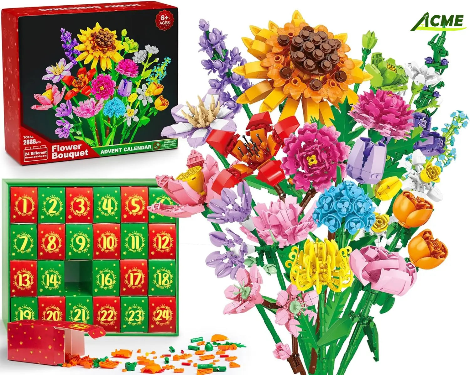 Un bouquet de fleurs coloré et vibrant, fabriqué à partir de briques de construction en plastique s’emboîtant, mis en vedette dans l’ensemble « Briques de construction de calendrier de l’Avent en forme de bouquet de fleurs ».