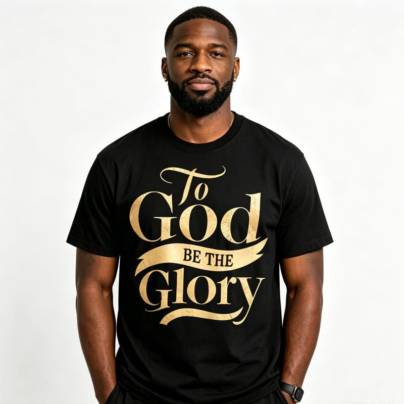 Camiseta negra con letras en pan de oro que dicen «To God be the Glory» en una tipografía elegante tipo caligrafía para una camiseta con estampado dorado inspirada en la fe.