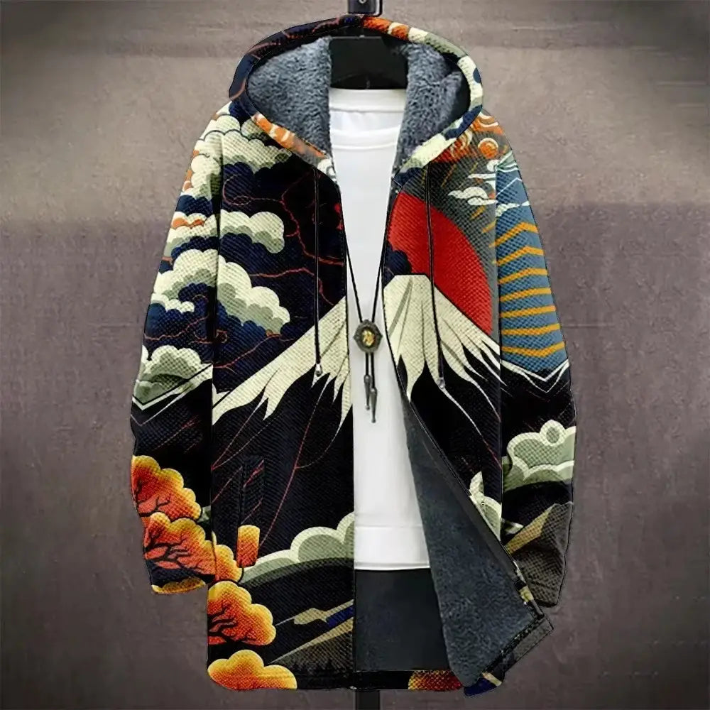 A vibrant geometric fleece hooded trench coat in navy red orange and cream featuring a bold Japanese wave and mountain design with a plush gray interior lining.