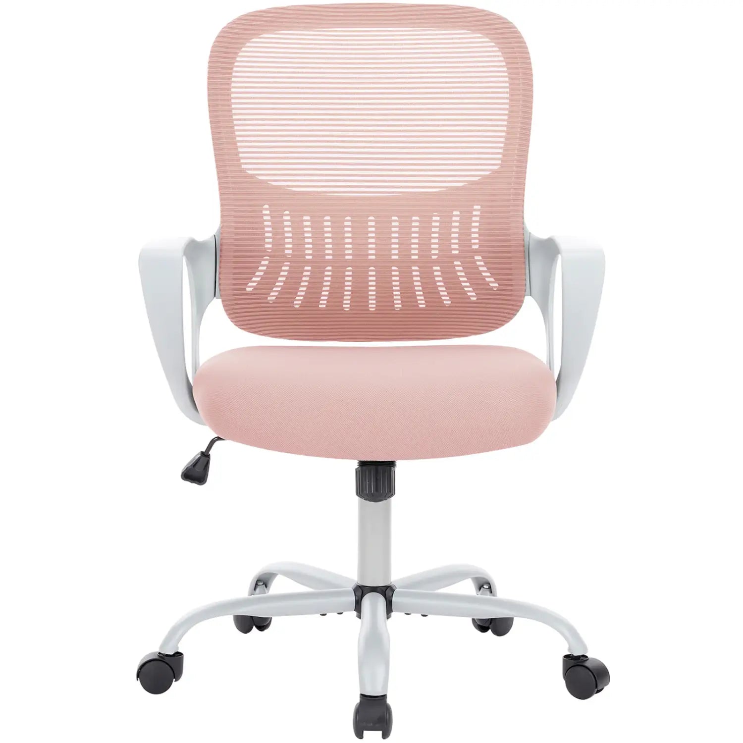 Chaise de dessin ergonomique à hauteur élevée, tabouret pour bureau debout, avec dossier en maille rose, accoudoirs et piètement en plastique blanc, assise rembourrée et système de roulettes à cinq roues.