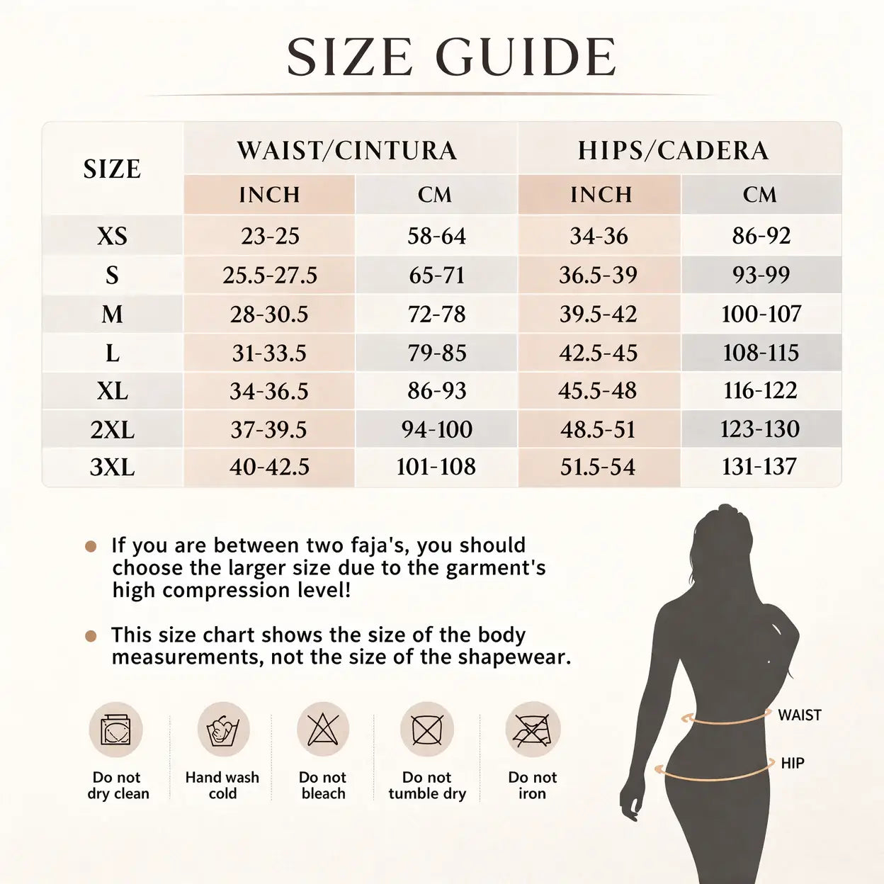 Tabla de guía de tallas para fajas colombianas de control del abdomen, modelador corporal con faja, que muestra las medidas de la prenda en pulgadas y centímetros para las tallas XS a 3XL.