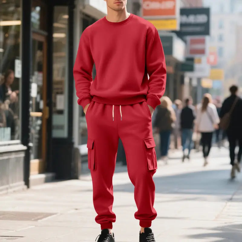red fleece cargo sweatshirt and matching pants set for men displayed from the front showcasing warm and comfortable activewear.