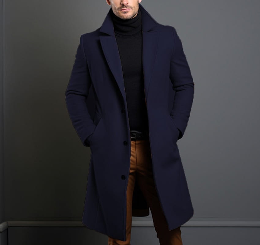 Men’s navy blue wool overcoat with notched lapels and front button closure designed as a business trench coat.