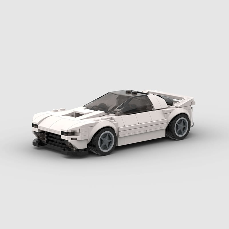 Superdeportivo de piezas de construcción LEGO fabricado en blanco para Mazda Rx7 Fc3s, con un diseño aerodinámico elegante y ventanas tintadas en negro.