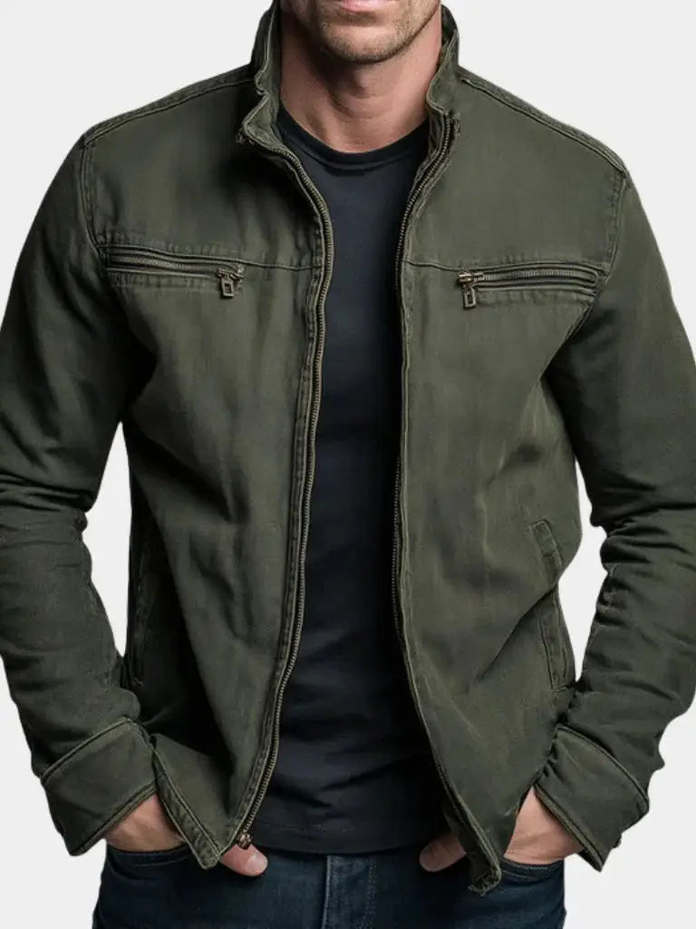 men’s olive green faux leather workwear jacket featuring zipper closures and two chest pockets in olive green denim material.