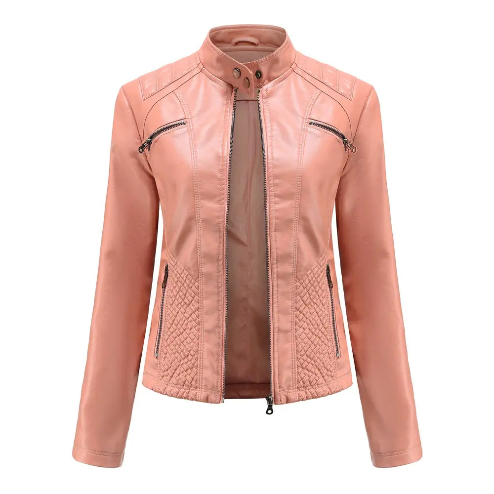 Eine roséfarbene Faux-Leder-Motorradjacke mit Stepp-Paneling an den Seiten sowie Frontreißverschluss in einem Slim-Fit-Oberbekleidungsdesign.
