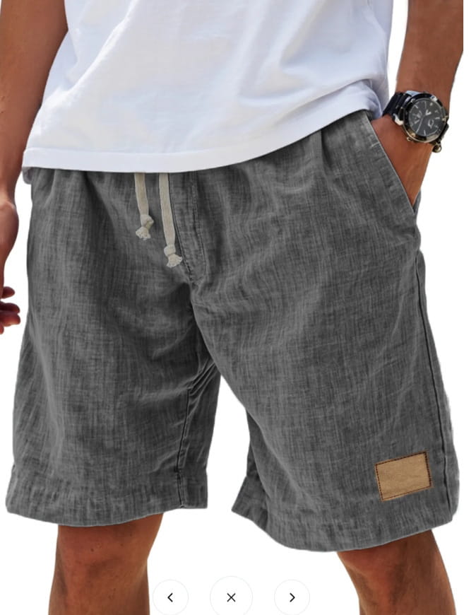 gray linen holiday shorts for men featuring a drawstring waist and a tan leather patch on the side designed for a retro breathable loose fit.