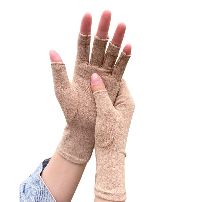 beige fingerless arthritis compression gloves with textured knit fabric and reinforced palm padding for support.